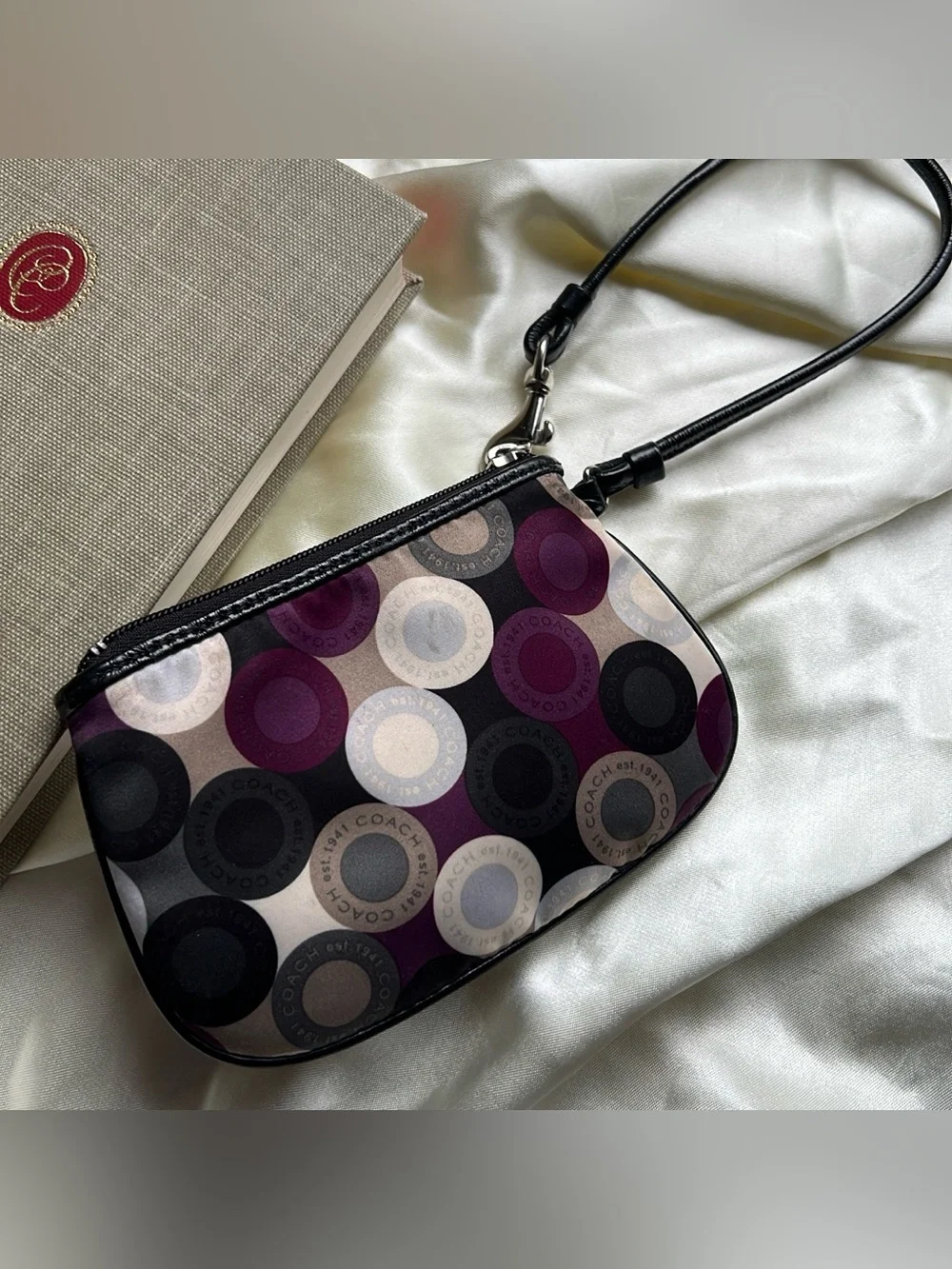 Coach Vintage Multicolor Purple Satin Signature Circles pattern Zip Wristlet Bag